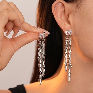 Leaf tassel drop earrings with zircon inlays and shiny metallic long fringes