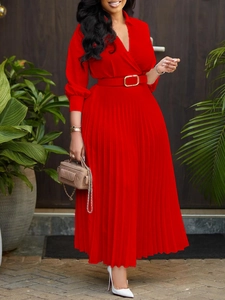 Women Elegant Polyester Solid Color V Neck Pleated Midi Dress With Metal Buckle Belt Autumn Long Sleeve Commuter Dress