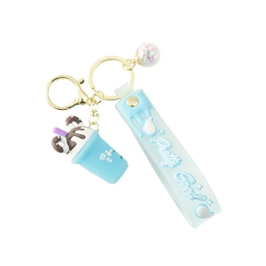 Cute light blue milk tea cup keychain with Pretty Good wristlet strap and golden metal ring