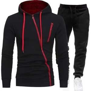 Men's black tracksuit set with red zipper detail and hoodie for sports and leisure wear