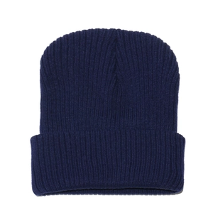Detailed close-up of dark blue ribbed knit beanie with soft elastic texture and folded cuff