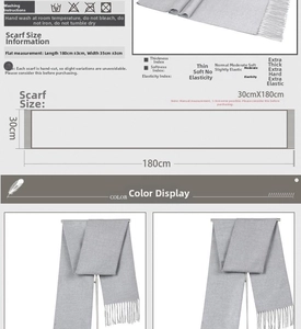 Detailed size chart and care instructions for the long solid color men's scarf with tassels