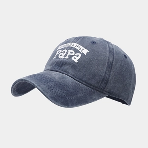 Detail of navy washed cotton baseball cap featuring WORLD'S BEST Papa white letter print
