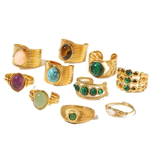 Set of 10 vintage 18k gold plated stainless steel rings with colorful gemstones and pearls