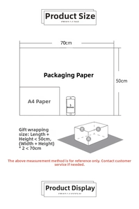 Graphic showing 70x50cm gift wrapping paper size comparison with A4 and device scale