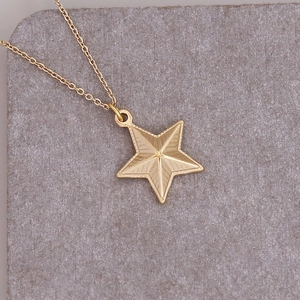 Detailed view of the gold-tone star pendant necklace and fine link chain on a neutral background