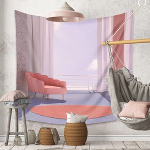 Detail of bohemian wall tapestry featuring a dreamy surreal balcony with shell-shaped sofa