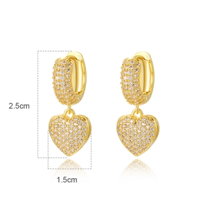 Detailed size view of gold-plated heart earrings featuring sparkling cubic zirconia stones
