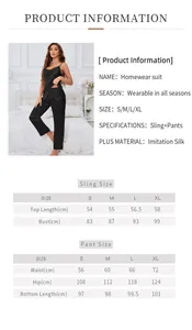 Detailed size chart for silk sleeveless top and pants set showing measurements S to XL