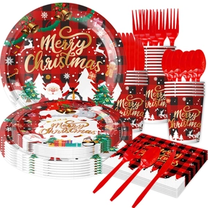 Red plaid Christmas party tableware set with plates, cups, napkins and cutlery kit
