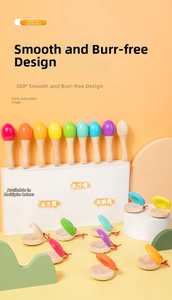 Close-up of rainbow colored wooden maracas and castanets for early childhood education