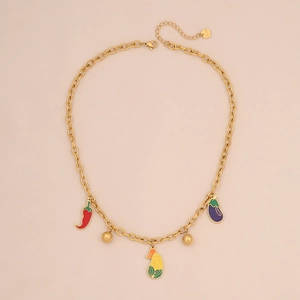 18KGP gold plated necklace with colorful chili corn and eggplant enamel pendants