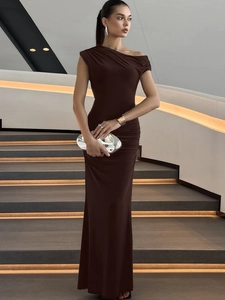 Maxi Dress One Shoulder Asymmetrical Neck Ruched Polyester Spandex Elegant Sexy Brown Bodycon Long Evening Gown