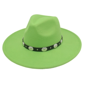 Close-up of bright green felt fedora with black band and embossed silver metal studs