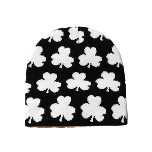 Winter warm knitted beanie hat with stylish white clover print patterns on black fabric