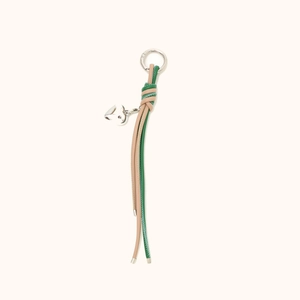 Braided beige and green leather keychain with silver metal ring and heart pendant