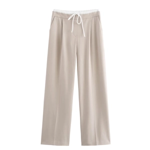 Fashionable high waist wide leg pants for women in apricot with adjustable drawstring waist
