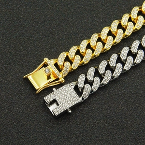 Men's hip hop gold and silver Cuban link chains with iced-out star rhinestones