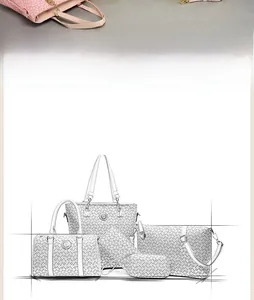 Detailed set of white multi-piece handbags featuring black geometric patterns and metal zippers