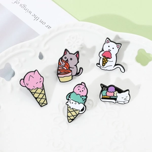 Set of five cute cartoon cat enamel pins featuring kittens with sweet ice cream cones
