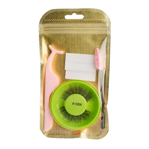Glue-free eyelash kit #106A with pink tweezers, brush, and strips in gold zip bag