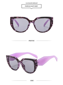 Detailed views of vintage square sunglasses with purple floral frames and grey lenses