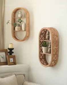 Detail of oval bamboo woven wall shelves with natural textures for rustic home decor