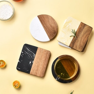 Acacia wood and marble coasters set in round and square shapes for home table decor