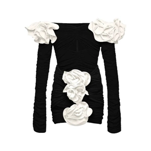 Elegant black off-shoulder swimsuit with large 3D white floral decorations and long sleeves