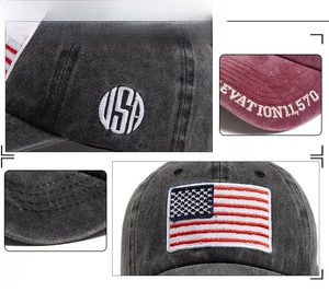 Close-up of USA flag embroidery and detailed stitching on washed cotton baseball cap