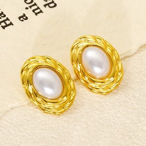 Vintage Oval Artificial Pearl Stud Earrings Stainless Steel 18K Gold Plated Braided Texture French Style Elegant Jewelry For Women