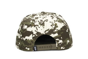 Detail view of the digital camo baseball cap back with adjustable strap and small woven tag