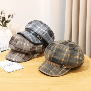 British style plaid wool newsboy caps for women in blue, brown, and green colors