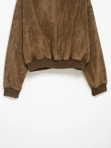 Detailed texture of dark brown suede jacket with ribbed knit cuffs and back seam