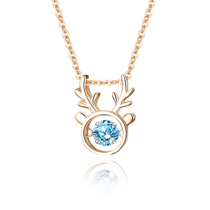 Elegante collana renna in argento s925 oro rosa con ciondolo pietra danzante blu chiaro
