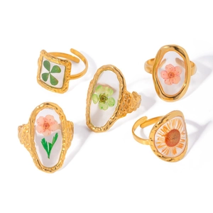 Bague En Acier Inoxydable Vintage Avec Véritables Fleurs Séchées Résine Plaqué Or Ajustable Bijoux Géométriques Femmes