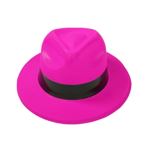 Vibrant hot pink party fedora hat with a black band for costume events and magic shows