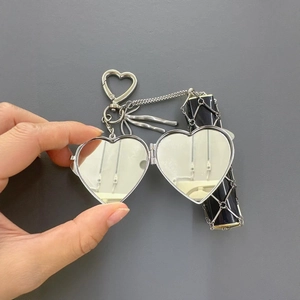 Silver heart folding mirror keychain with lipstick mesh pendant and heart-shaped carabiner