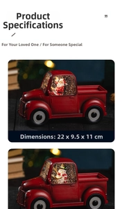 Detailed view of red retro Christmas truck figurines with glowing Santa and snowman snow globes