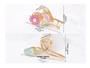 Detailed view of alloy flower shark clips with pearl centers and tulip design dimensions