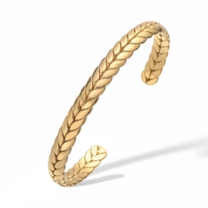 Luxurious 18K gold plated stainless steel open cuff bracelet with wheat grain texture