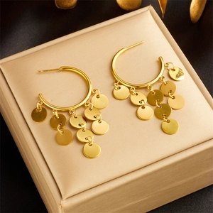 Vintage Gold Disc Tassel Pendant Earrings For Women Light Luxury Stainless Steel Geometric Round Dangle Earrings Jewelry