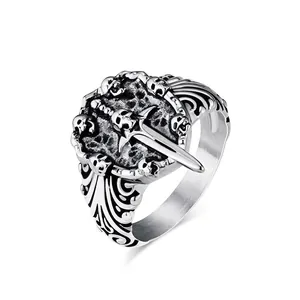 Gothic Skull Sword Shield Ring Stainless Steel Men Vintage Punk Dark Biker Jewelry Accessories