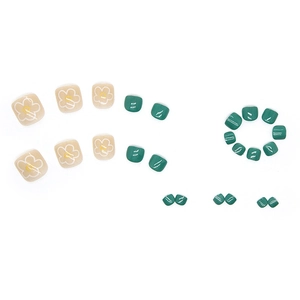 Glossy square press-on toenails featuring dark green finish and nude floral design