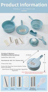 Blue multifunctional 11-piece vegetable slicer set made of ABS and stainless steel