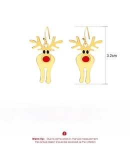 Detailed size and material specs for cartoon reindeer earrings with red nose details
