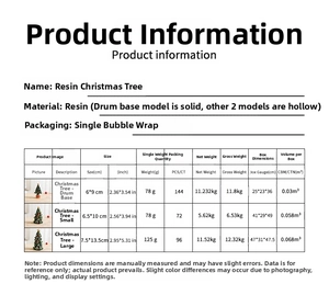 Size chart for mini resin Christmas trees showing dimensions and weight specifications