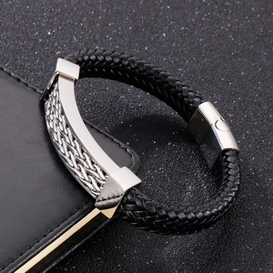 Braided leather bracelet for men with silver stainless steel mesh and magnetic clasp