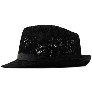 Close-up of a black hand-woven crochet fedora sun hat showing breathable mesh texture