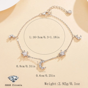 Detail shot of silver star and moon bracelet with zirconia size 16+3cm and weight 2.92g